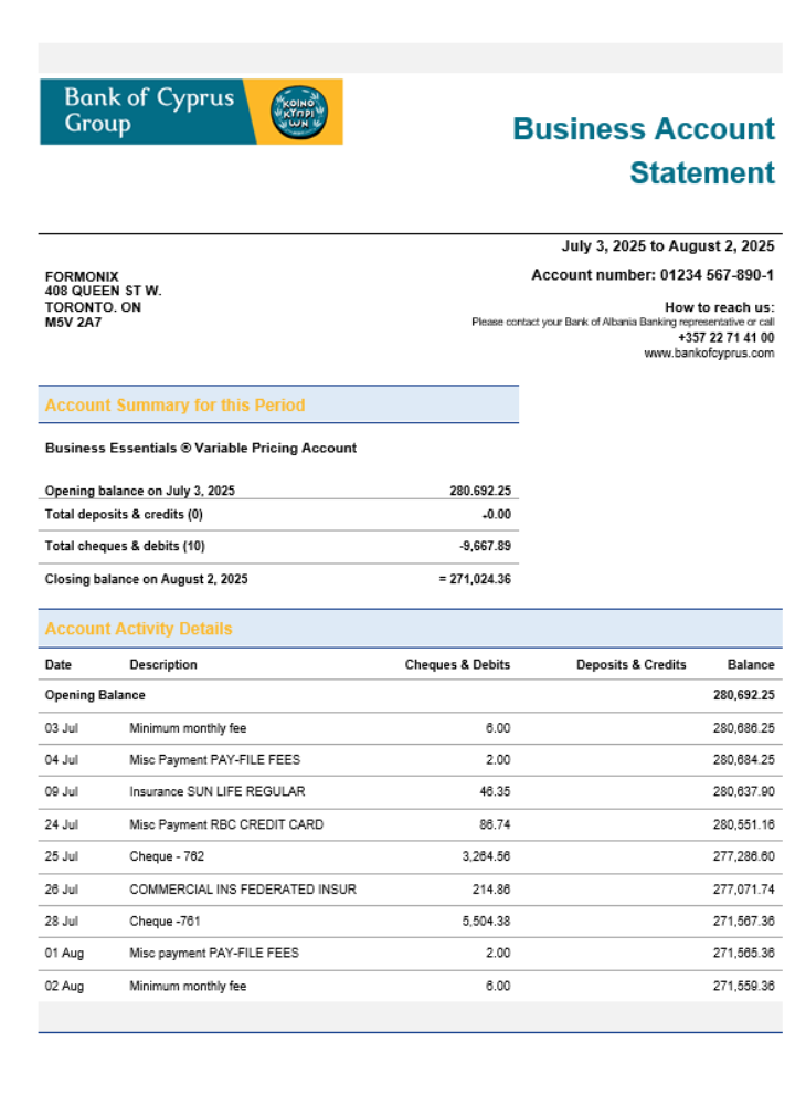 Relevé de compte de la Banque de Chypre au format Word et PDF